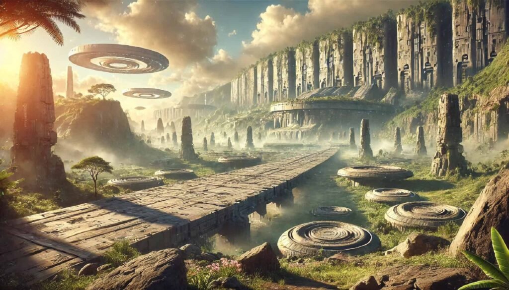 DALLE 2025 01 16 18.35.09 A wide cinematic illustration inspired by the Silurian Hypothesis depicting an ancient advanced civilization on Earth that existed millions of yea