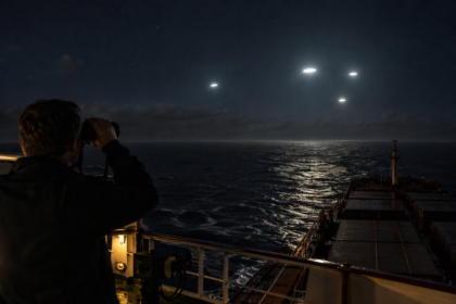 Imagem gerada por Inteligência Artificial para ilustrar o avistamento relatado pela tripulação de um navio cargueiro no Oceano Atlântico. A cena retrata objetos luminosos não identificados sobre o mar durante a madrugada, conforme descrito pelas testemunhas no relatório encaminhado ao NUFORC.