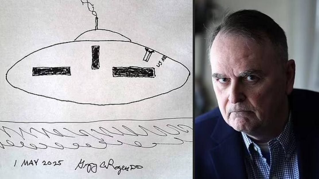 Desenho feito pela testemunha de alto nível Dr. Gregory Rogers (à direita) do que ele viu há pouco mais de 30 anos. Crédito: Toby Canham/Daily Mail.