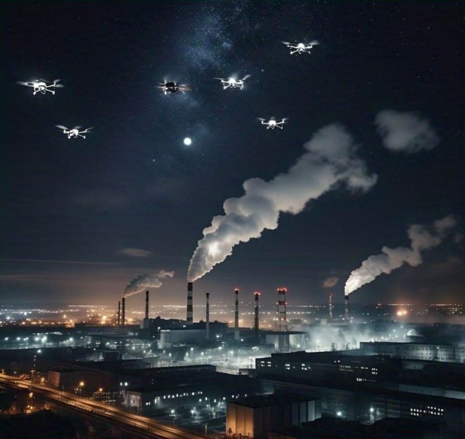Ilustração: drones sobrevoando usinas nucleares ( créditos meta IA )